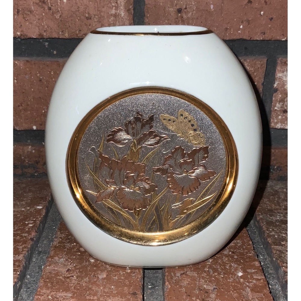 Vintage The Art of Chokin 24KT Gold Trim 5" Vase Flowers Butterfly